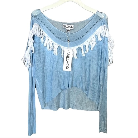 Wildfox Baby Pastel Blue Knit Waylon Fringe Western Sweater Size Medium - Picture 5 of 17